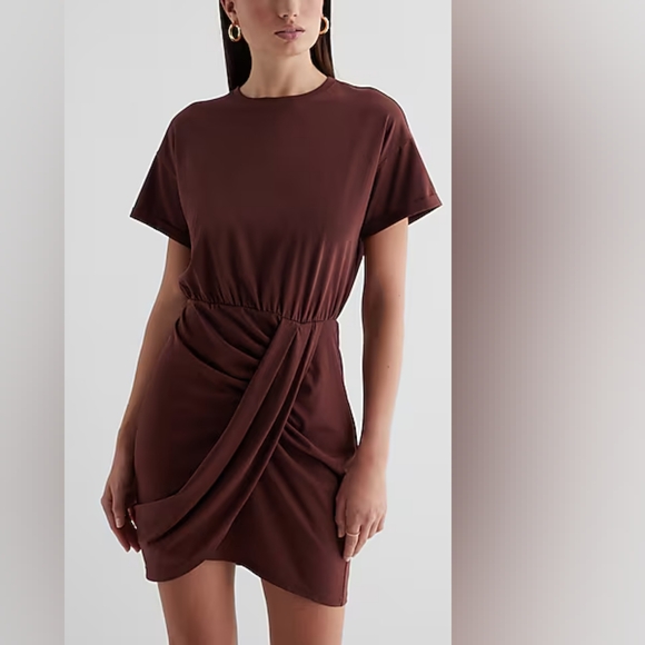 EXPRESS Crew Neck Short Sleeve Draped T - Shirt Mini Dress - Picture 4 of 4